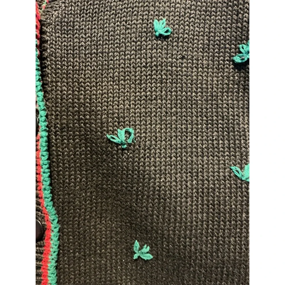 Herman Geist Vintage Cardigan Sweater Hand Embroidered Black Floral Women's Sz L
